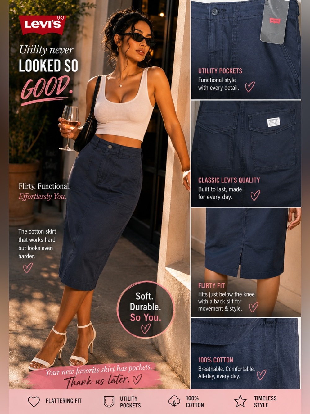 Levi's navy blue cotton skirt with utility pockets